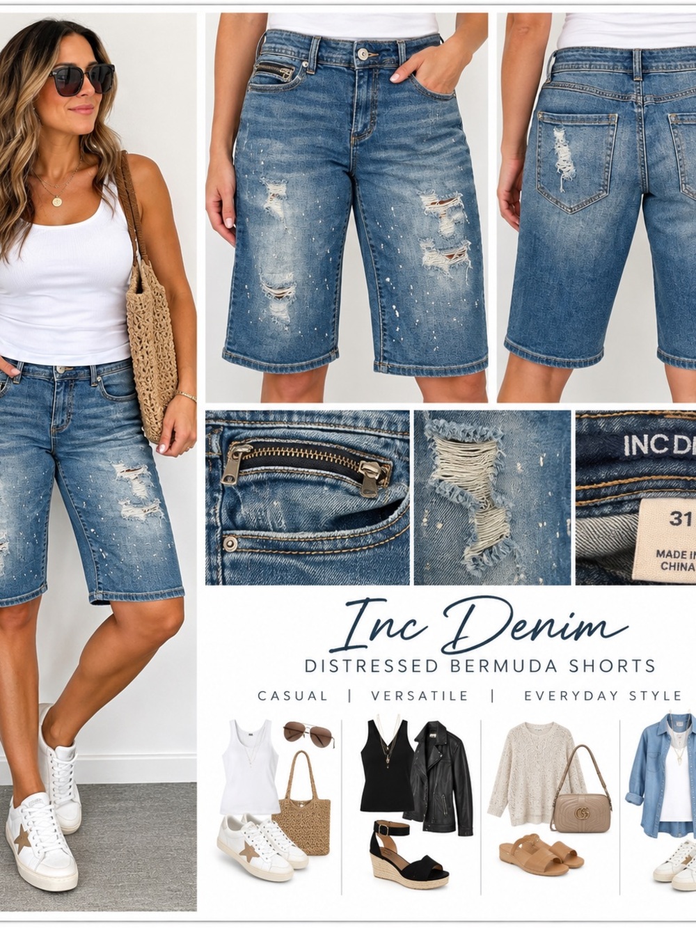 INC International Concepts Blue Distressed Denim Bermuda Shorts